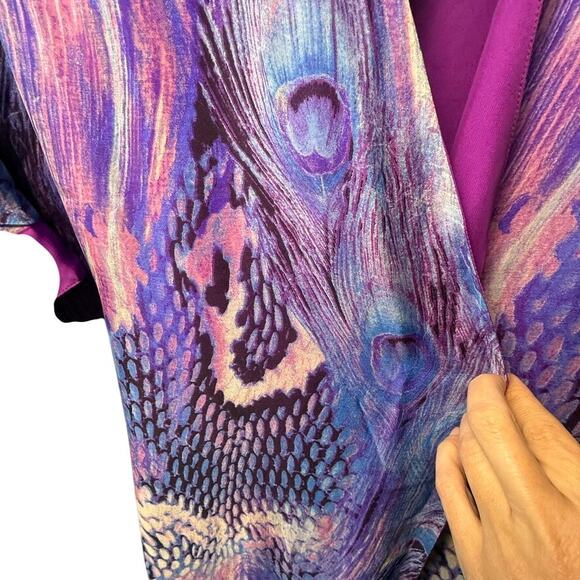 Purple Peacock Feather Print Kimono Robe Satin Trim Boho Lounge Duster One Size - Picture 5 of 6